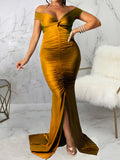 Momnfancy Off Shoulder Cup Sleeve Slit Floor Length Bodycon Solid Baby Shower Plus Size Maternity Maxi Dress