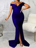 Momnfancy Off Shoulder Cup Sleeve Slit Floor Length Bodycon Solid Baby Shower Plus Size Maternity Maxi Dress