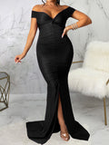 Momnfancy Off Shoulder Cup Sleeve Slit Floor Length Bodycon Solid Baby Shower Plus Size Maternity Maxi Dress