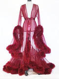 Momnfancy Burgundy Fur Feather Tulle Photoshoot Robe Maternity Maxi Dress