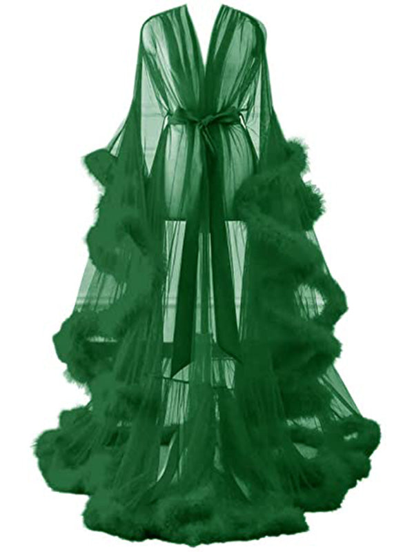 Momnfancy Green Fur Feather Tulle Photoshoot Robe Maternity Maxi Dress