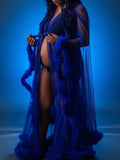 Momnfancy Blue Fur Feather Tulle Photoshoot Robe Maternity Maxi Dress