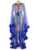 Momnfancy Blue Fur Feather Tulle Photoshoot Robe Maternity Maxi Dress