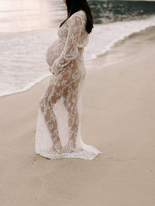Momnfancy White Lace V-Neck Long Sleeve Photoshoot Maternity Maxi Dress