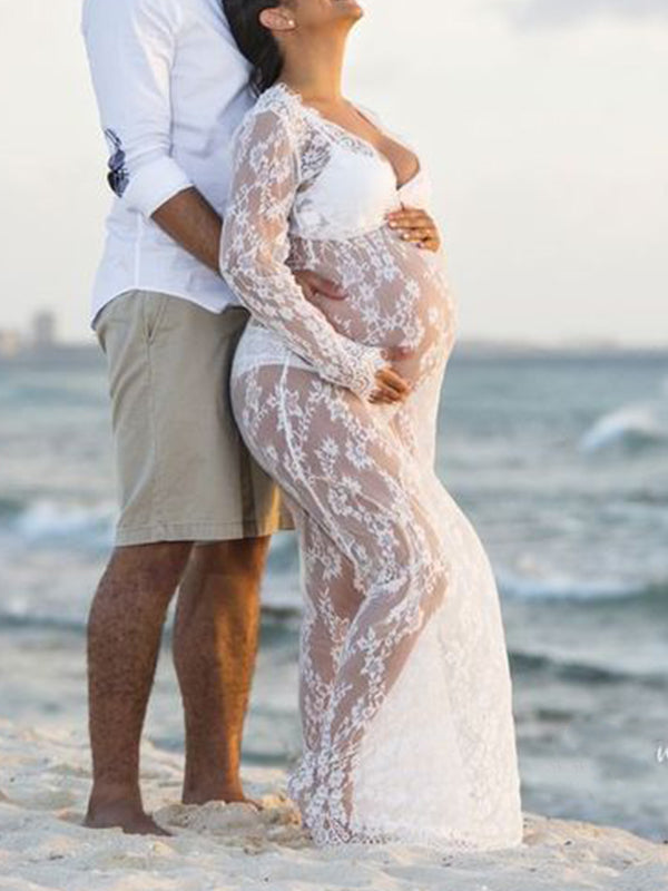 Momnfancy White Lace V-Neck Long Sleeve Photoshoot Maternity Maxi Dress