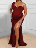 Momnfancy Sequin One Shoulder Sleeveless Side Slit Baby Shower Plus Size Maternity Maxi Dress