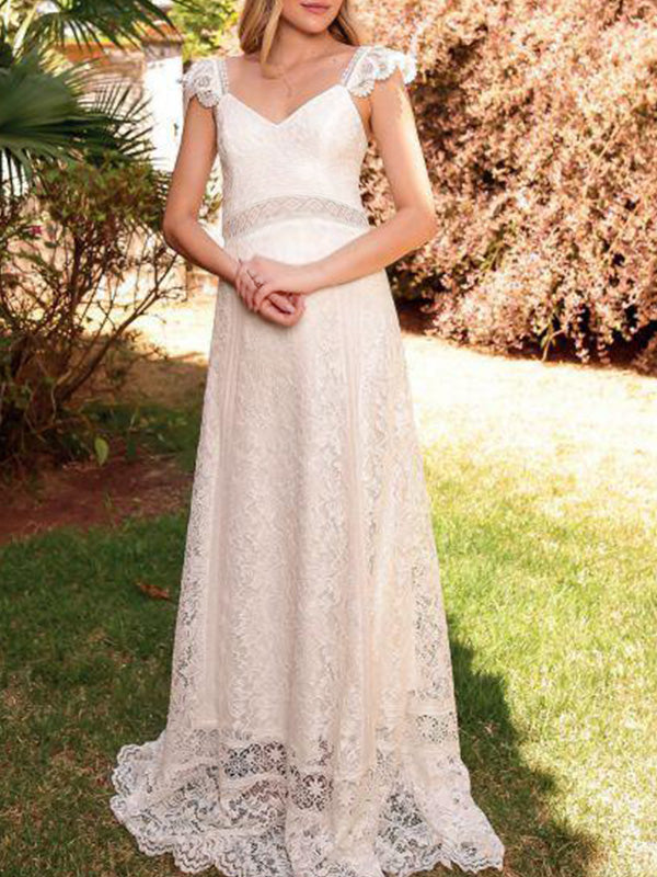 Momnfancy Lace Ruffle Backless V-Neck Elegant Wedding Maternity Maxi Dress