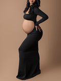 Momnfancy Black Long Cut Out Backless Long Sleeve Bandeau Bodycon Photoshoot Maternity Maxi Dress