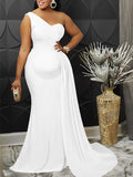 Momnfancy Solid Color Mermaid Oblique Shoulder Peplum V-Neck Babyshower Evening Maternity Midi Dress