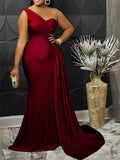 Momnfancy Solid Color Mermaid Oblique Shoulder Peplum V-Neck Babyshower Evening Maternity Midi Dress