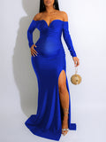 Momnfancy Off Shoulder Solid Side Slit V-Neck Babyshower Gown Evening Maternity Maxi Dress