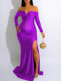 Momnfancy Off Shoulder Solid Side Slit V-Neck Babyshower Gown Evening Maternity Maxi Dress