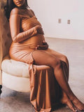 Momnfancy Apricot Off Shoulder Side Slit Banquet Photo Gown Baby Shower Maternity Evening Maxi Dress