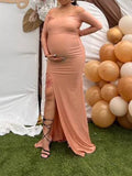 Momnfancy Apricot Off Shoulder Side Slit Banquet Photo Gown Baby Shower Maternity Evening Maxi Dress