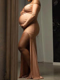 Momnfancy Apricot Off Shoulder Side Slit Banquet Photo Gown Baby Shower Maternity Evening Maxi Dress