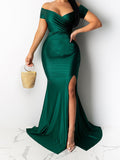 Momnfancy Off Shoulder Side Slit  V-neck Short Sleeve Banquet Baby Shower Maternity Maxi Dress