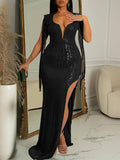 Momnfancy Hot Drilling Tassel Side Slit Backless Elegant Evening Maternity Maxi Dress