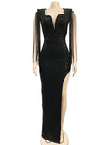 Momnfancy Hot Drilling Tassel Side Slit Backless Elegant Evening Maternity Maxi Dress