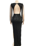 Momnfancy Hot Drilling Tassel Side Slit Backless Elegant Evening Maternity Maxi Dress