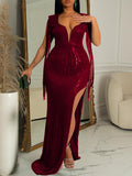 Momnfancy Hot Drilling Tassel Side Slit Backless Elegant Evening Maternity Maxi Dress