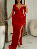 Momnfancy Hot Drilling Tassel Side Slit Backless Elegant Evening Maternity Maxi Dress