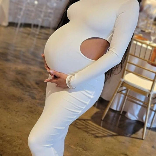 Momnfancy One Shoulder Cut Out Irregular Bodycon Long Sleeve Fashion Club Baby Shower Party Maternity Maxi Dress