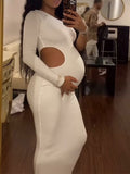Momnfancy One Shoulder Cut Out Irregular Bodycon Long Sleeve Fashion Club Baby Shower Party Maternity Maxi Dress