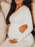Momnfancy One Shoulder Cut Out Irregular Bodycon Long Sleeve Fashion Club Baby Shower Party Maternity Maxi Dress