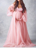 Momnfancy Off Shoulder Puff Sleeve Tulle Tutu Babyshower Evening Maternity Maxi Dress