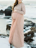 Momnfancy Sequin Tulle Round Neck Long Sleeve Photoshoot Plus Size Maternity Maxi Dress