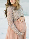 Momnfancy Sequin Tulle Round Neck Long Sleeve Photoshoot Plus Size Maternity Maxi Dress
