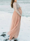 Momnfancy Sequin Tulle Round Neck Long Sleeve Photoshoot Plus Size Maternity Maxi Dress