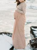 Momnfancy Sequin Tulle Round Neck Long Sleeve Photoshoot Plus Size Maternity Maxi Dress