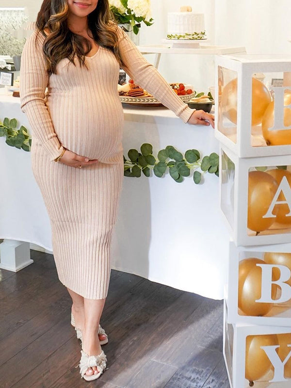 Momnfancy Off Shoulder Knit Babyshower Fitted V-neck Bodycon Pregnant Maternity Maxi Sweater Dress