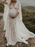Momnfancy Floral Lace Cape Backless Boho Puffy Sleeves Pregnant Maternity Photoshoot Maxi Dress