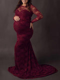 Momnfancy Lace Round Neck Long Sleeve Bodycon Floor Length Solid Color Maternity Photoshoot Dress