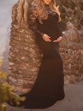 Momnfancy Lace Round Neck Long Sleeve Bodycon Floor Length Solid Color Maternity Photoshoot Dress