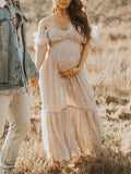 Momnfancy Floral Print Off Shoulder Cup Sleeve Baby Shower Plus Size Maternity Maxi Dress