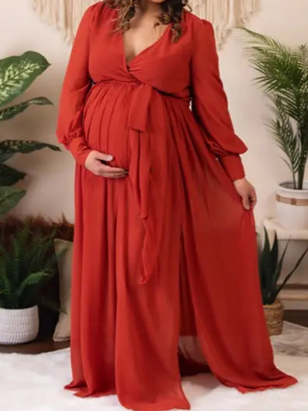 Momnfancy V-Neck Side Slit Belt Babyshower Photoshoot Gowns Maternity Maxi Dress