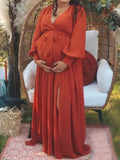Momnfancy V-Neck Side Slit Belt Babyshower Photoshoot Gowns Maternity Maxi Dress