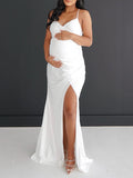 Momnfancy Side Slit Spaghetti Strap Babyshower Evening Maternity Maxi Dress