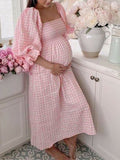 Momnfancy Plaid Linen Cotton Baby Shower Plus Size Maternity Midi Dress