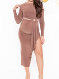 Momnfancy Solid Color Side Slit Belt Bare Waist Baby Shower Bodycon Maternity Elegant Midi Dress