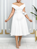 Momnfancy Off Shoulder Boat-Neck Belt Pockets Big Swing Babyshower Evening Maternity Midi Dress