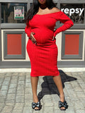 Momnfancy Ribbed Knit Long Sleeve Bodycon V-Neck Babyshower Maternity Maxi Dress