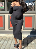 Momnfancy Ribbed Knit Long Sleeve Bodycon V-Neck Babyshower Maternity Maxi Dress