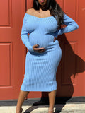 Momnfancy Ribbed Knit Long Sleeve Bodycon V-Neck Babyshower Maternity Maxi Dress