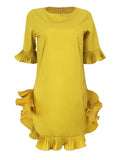 Momnfancy Ruffle Round Neck Elbow Sleeve Cute Maternity Mini Dress