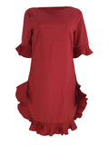 Momnfancy Ruffle Round Neck Elbow Sleeve Cute Maternity Mini Dress