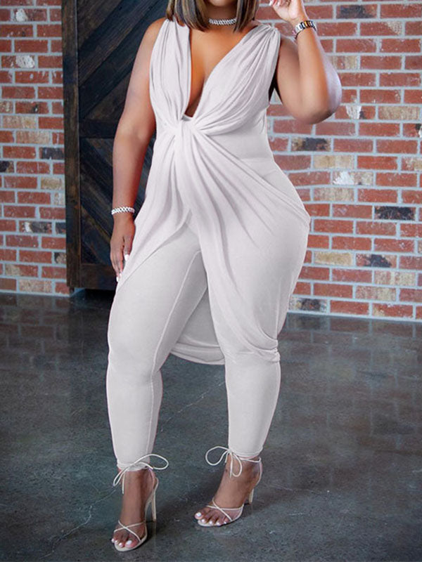 Momnfancy V neck Sleeveless Draping Bodycon Plus Size Maternity Jumpsuit Ivory L
